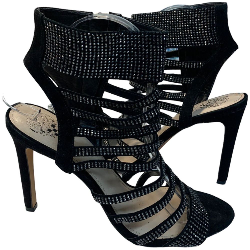 Vince Camuto Katal Suede Crystal Open Toe Caged Evening Sandals Black Size 9